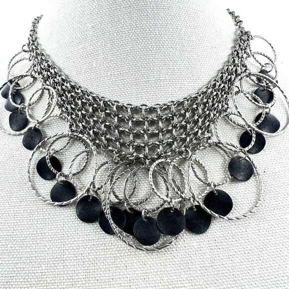 Modernist Geometric Chain Ring Bib Necklace Statement 16” Silver Tone Gothic - Picture 1 of 5